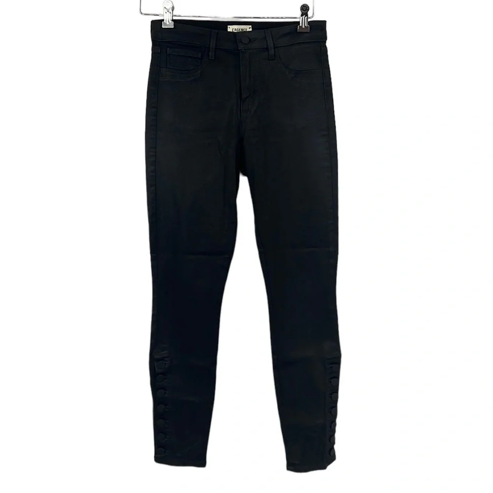 L’Agence Jeans Womens 26 Dark Wash Coated Black‎ Button Ankle Denim Skinny